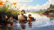  A Painting Of Three Ducks In A Pond With Flowers In The Background.  Generative Ai