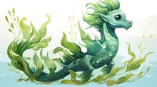  A Green Sea Horse Is Swimming In The Water With Algae.  Generative Ai