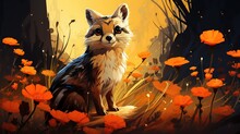  A Painting Of A Fox Sitting In A Field Of Flowers.  Generative Ai