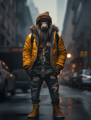 Wall Mural - Anthropomorphic chimp monkey wearing a yellow puffy jacket and a wool cap in a city, on downtown street, urban underground retro style and charismatic human attitude