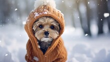 Adorable Cute Dog In Winter Clothes In The Snow. Generative AI Illustration.