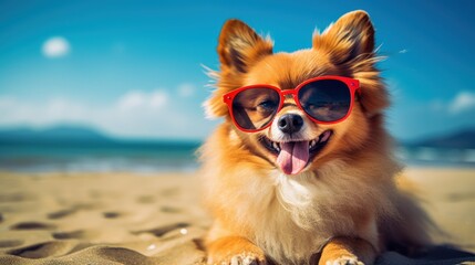 Wall Mural - Funny dog with sunglasses on a beach. Generative AI illustration.