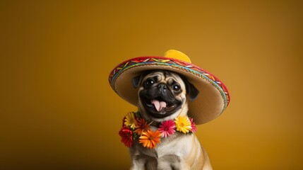 Wall Mural - Cute and funny dog wearing a sombrero hat. Fun happy animal picture isolated on a plain colored background. Generative AI illustration.