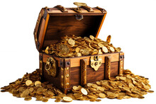 Treasure Chest Full Of Gold Coins Isolated On Transparent Background. AI