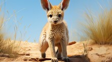  A Baby Kangaroo Standing On Top Of A Sandy Beach Next To Tall Grass.  Generative Ai