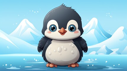  a penguin with big blue eyes standing in a snowy landscape.  generative ai