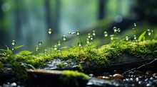  A Close Up Of Water Droplets On A Moss Covered Log.  Generative Ai