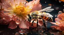  A Bee On A Flower With Water Droplets On It's Wings.  Generative Ai