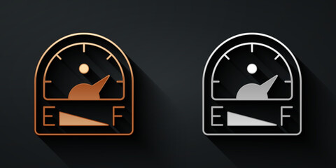 Gold and silver Motor gas gauge icon isolated on black background. Empty fuel meter. Full tank indication. Long shadow style. Vector