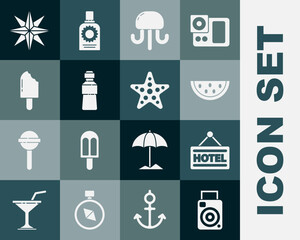 Poster - Set Photo camera, Signboard with text Hotel, Watermelon, Jellyfish, Bottle of water, Ice cream, Wind rose and Starfish icon. Vector