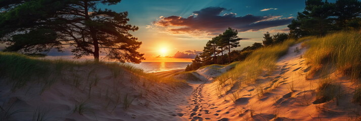 Wall Mural - sandy dunes on Baltic beach,sunset on beach ,pine trees,sun reflection on se water ,wooden bench and bike ,nature landscape 