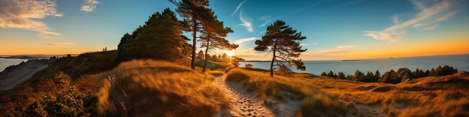 Wall Mural - sandy dunes on Baltic beach,sunset on beach ,pine trees,sun reflection on se water ,wooden bench and bike ,nature landscape 