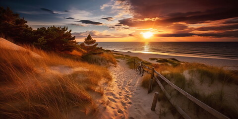 Wall Mural - sandy dunes on Baltic beach,sunset on beach ,pine trees,sun reflection on se water ,wooden bench and bike ,nature landscape 