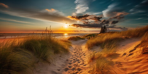 Wall Mural - sandy dunes on baltic beach,sunset on beach ,pine trees,sun reflection on se water ,wooden bench and