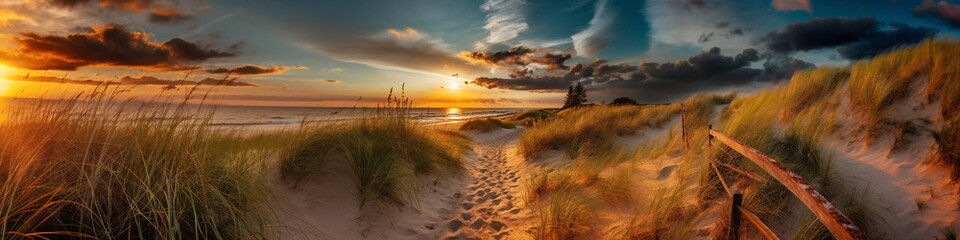 Wall Mural - sandy dunes on baltic beach,sunset on beach ,pine trees,sun reflection on se water ,wooden bench and