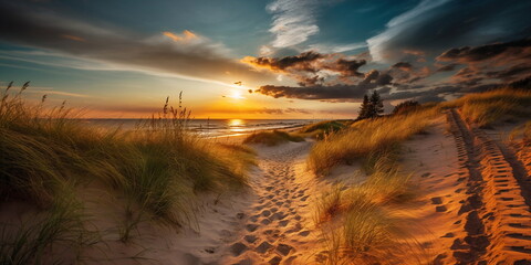 Wall Mural - sandy dunes on baltic beach,sunset on beach ,pine trees,sun reflection on se water ,wooden bench and