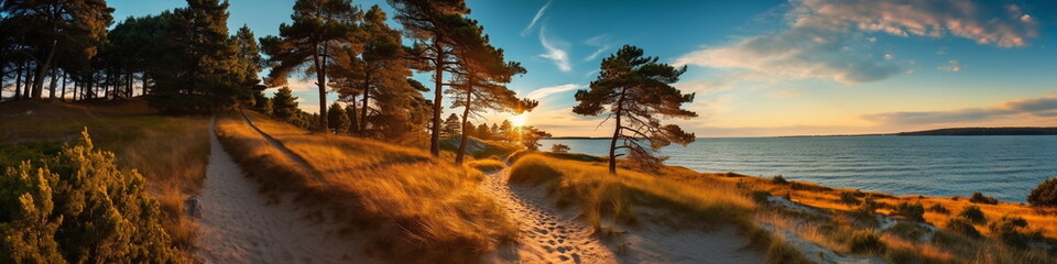 Wall Mural - sandy dunes on Baltic beach,sunset on beach ,pine trees,sun reflection on se water ,wooden bench and bike ,nature landscape 