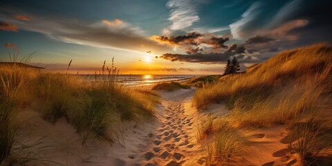 Wall Mural - sandy dunes on baltic beach,sunset on beach ,pine trees,sun reflection on se water ,wooden bench and