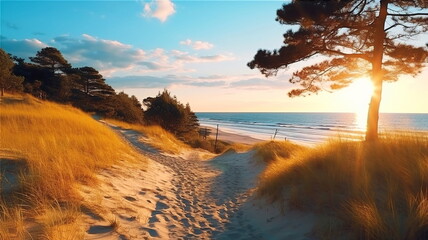 Wall Mural - sandy dunes on baltic beach,sunset on beach ,pine trees,sun reflection on se water ,wooden bench and