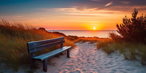 Wall Mural - sandy dunes on Baltic beach,sunset on beach ,pine trees,sun reflection on se water ,wooden bench and bike ,nature landscape 