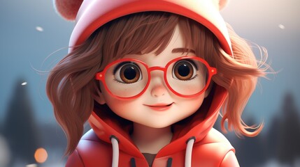 Wall Mural - Cute cartoon girl with red glasses and hoodie, with Generative AI