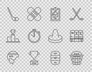 Wall Mural - Set line Hockey helmet, Planning strategy, Award cup, Ice hockey stick, Stopwatch, rink and Locker or changing room icon. Vector