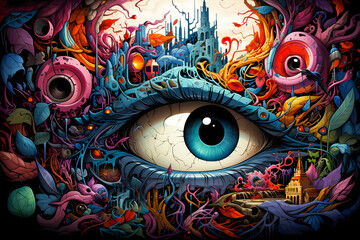psychedelic colorful abstract painting of the all seeing eye of the world in a fantasy environment, created with generative ai