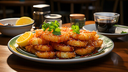 Wall Mural - shrimps tempura on plate with soy sauce on black background.generative AI tools