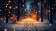 Christmas Background Of Snowy Forest With Lights, Generative Ai