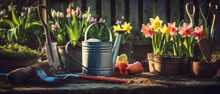 Spring Flowers With The Gardening Tools In The Garden. AI Generated.