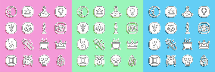 Canvas Print - Set line Magic stone, King crown, Masons, Poison bottle, Pentagram circle, Neptune planet, Moon and Burning candle icon. Vector