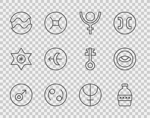 Wall Mural - Set line Mars symbol, Bottle of water, Symbol Pluto, Cancer zodiac, Planet, Sagittarius, Neptune planet and Medallion with eye icon. Vector