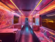 The Graffiti Artist, Wearing Futuristic Gear, Sprays A Neon Mural On The Side Of A Speeding Train Car. The Cityscape Blurs By In A Technicolor Haze.. Generated With AI.