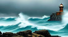 Realistic Landscape Illustration Of Lighthouse On Coast During Storm With Lightning
