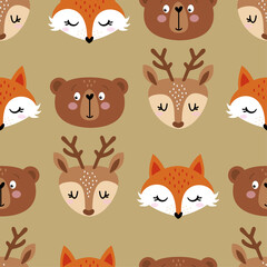 Wall Mural - Forest animals pattern design with bear, deer and fox - funny hand drawn doodle, seamless pattern. Background or t-shirt textile graphic design. Wallpaper, wrapping paper, bedsheets.