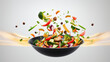 © Ruben Chase - A pan with sauteed ingredients against plain background, created with generative AI technology