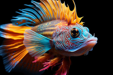 Wall Mural - Colorful betta fish isolated on black background, cockerel in aquarium close-up, AI Generated