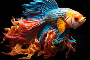 Wall Mural - Colorful betta fish isolated on black background, cockerel in aquarium close-up, AI Generated