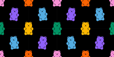 Colorful cute bear cartoon seamless pattern. Retro style candy animal bears wallpaper background. Fun repeat texture print design. 