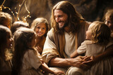 Fototapeta Storczyk - Jesus Christ talking to children, Jesus and children smiling. Generation AI