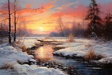 A Picturesque Winter Landscape With A River, Snow-covered Trees On The Riverbank And A Dramatic Cloudy Sky At Sunset. AI Generation