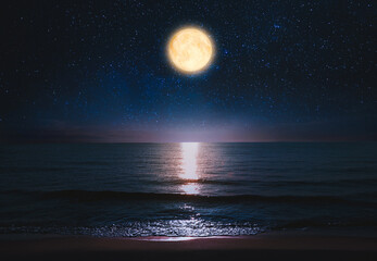 Wall Mural - Beautiful full moon in starry sky over sea at night