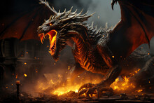 Ferocious Fire-breathing Dragon With Big Wings, Claws And Fangs, A Scary Mystical Creature, AI Generated