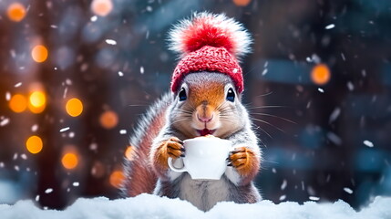 a cheerful cute squirrel in a knitted hat drinks cocoa from a cup against the background of a winter
