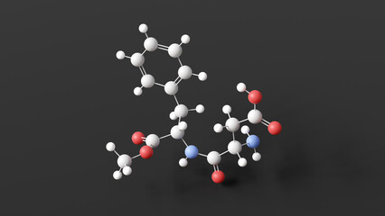 Poster - aspartame molecule, molecular structure, sugar substitute, ball and stick 3d model, structural chemical formula with colored atoms