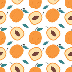 Wall Mural - Seamless pattern with fresh apricots whole and half. Healthy and organic food. Ripe apricot and leaves endless background. Summer fruits in flat style for textile. Vector illustration