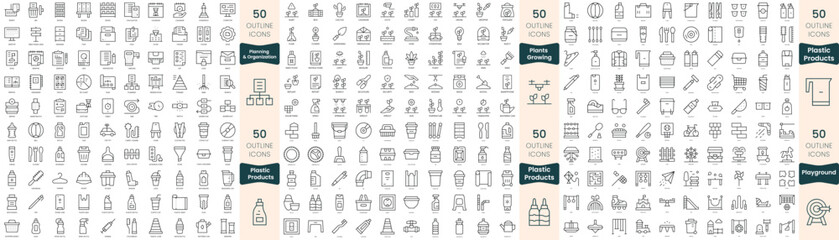 300 thin line icons bundle. In this set include planning and organization, plants growing, plastic products, playground