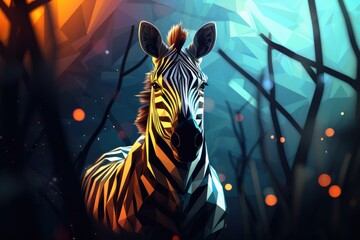 Canvas Print - Zebra animal dark wallpaper with bokeh, lights and trees in nature. Generative Ai.