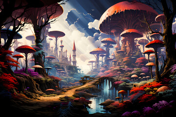 Wall Mural - trippy digital art concept of a psychedelic surreal painting of a fairy landscape with mushrooms, created with generative ai