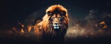 Fototapeta Dziecięca - Lion king animal of nature with  dark golden background, nature panorama. Generative Ai.